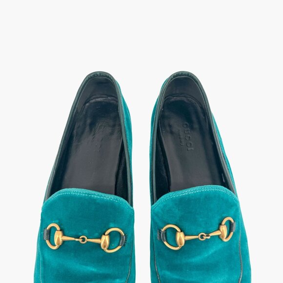 Gucci Jordaan Horsebit Loafer EU 37 US 7 Teal Velvet Flat Buckle Shoe Green Blue - Picture 4 of 12